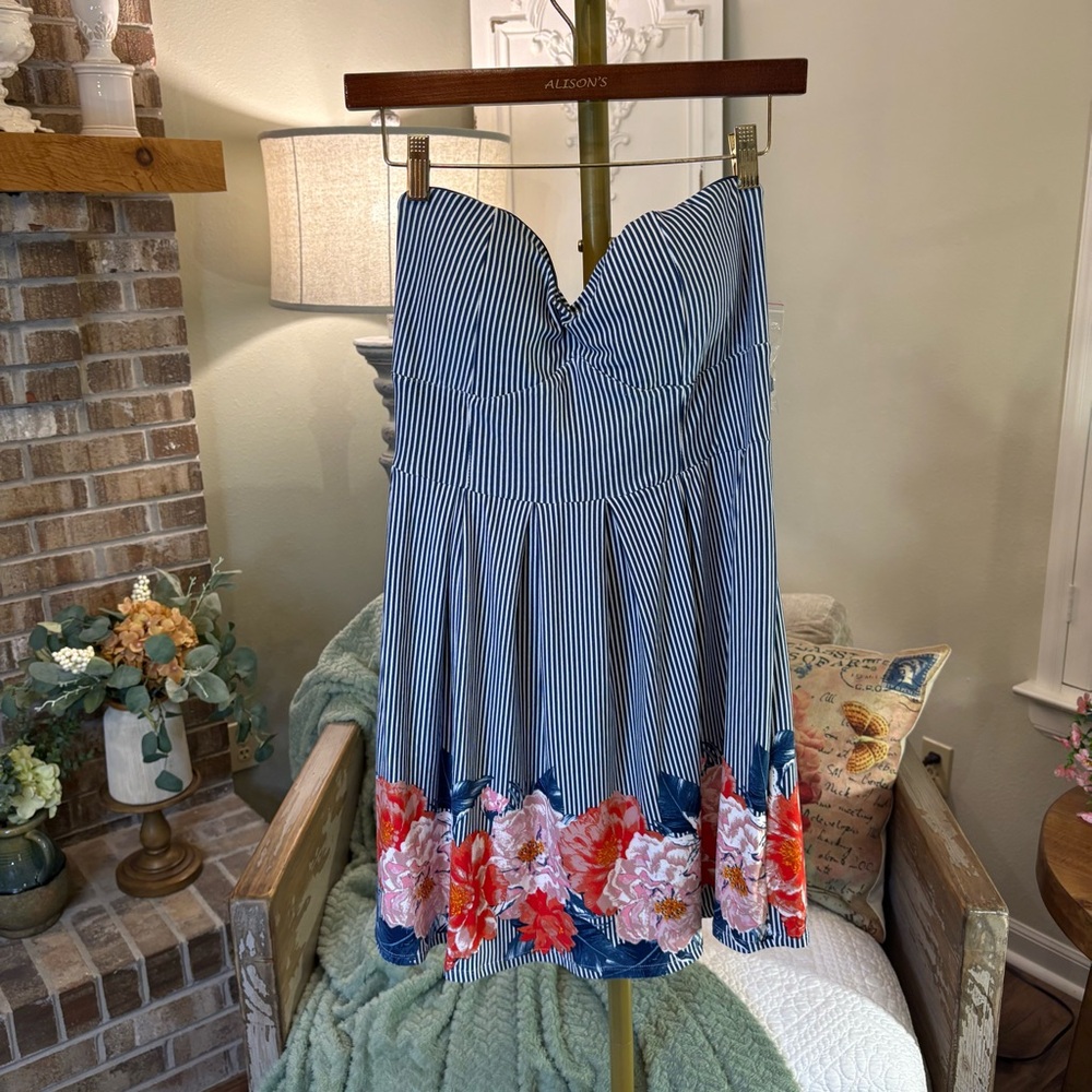 NBD Blue and White Striped Dress with Floral Hem